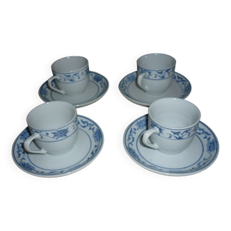 4 tasses et sous-tasses céramique blanche et bleue