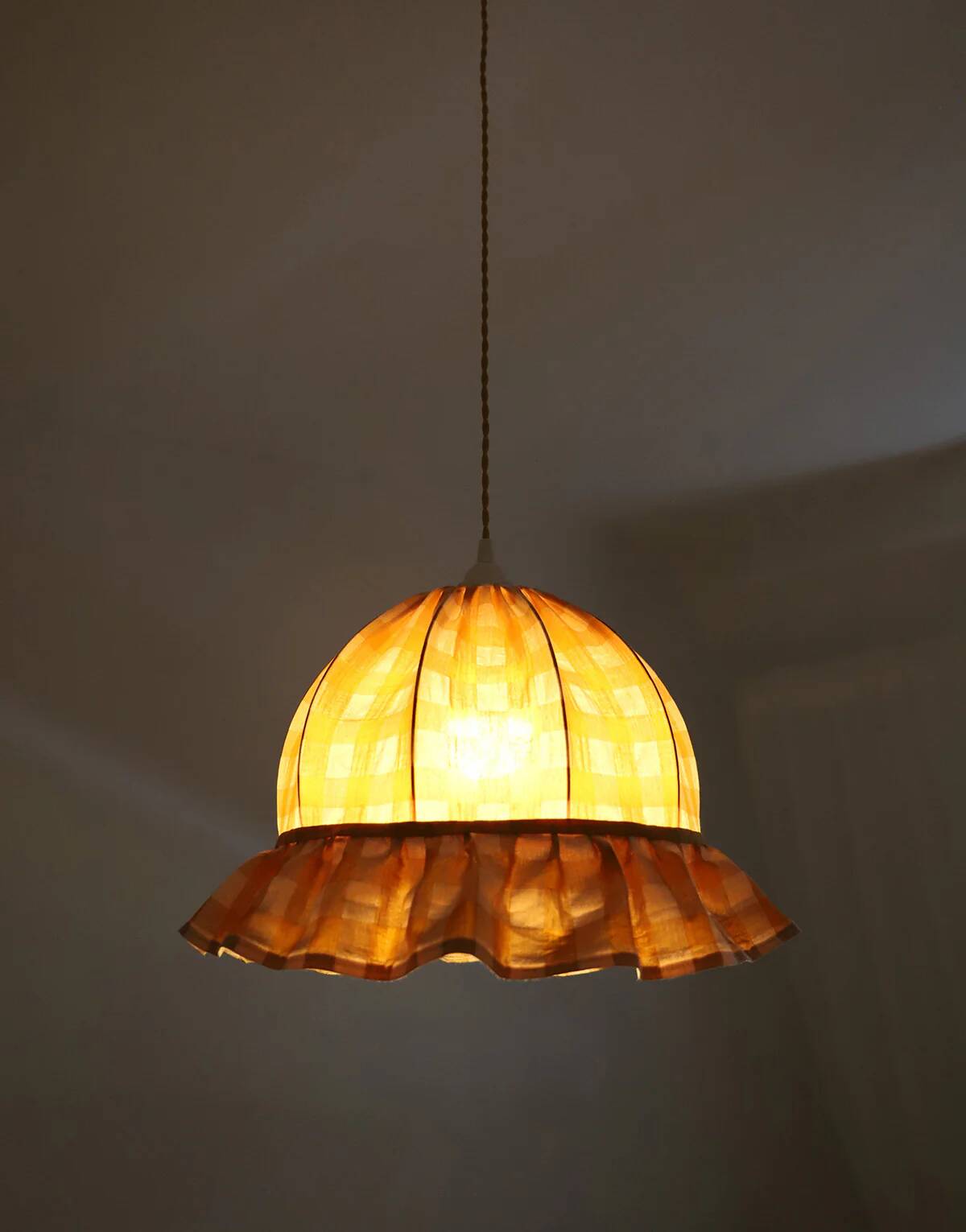 Vintage dome pendant light with ruffles "mustard gingham print"