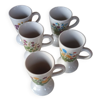 5 vintage beige enameled stoneware cups with floral decorations - 5 different mazagran with handles assorted patterns