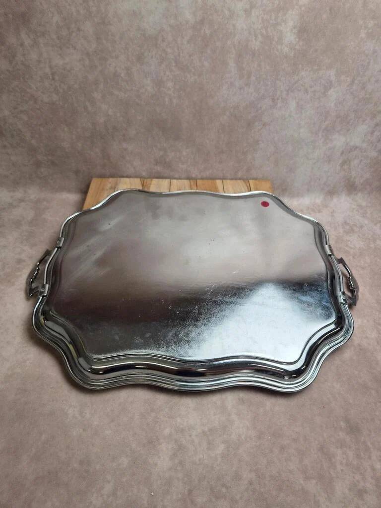 Large silver-plated serving tray – Rococo decoration & shell handles