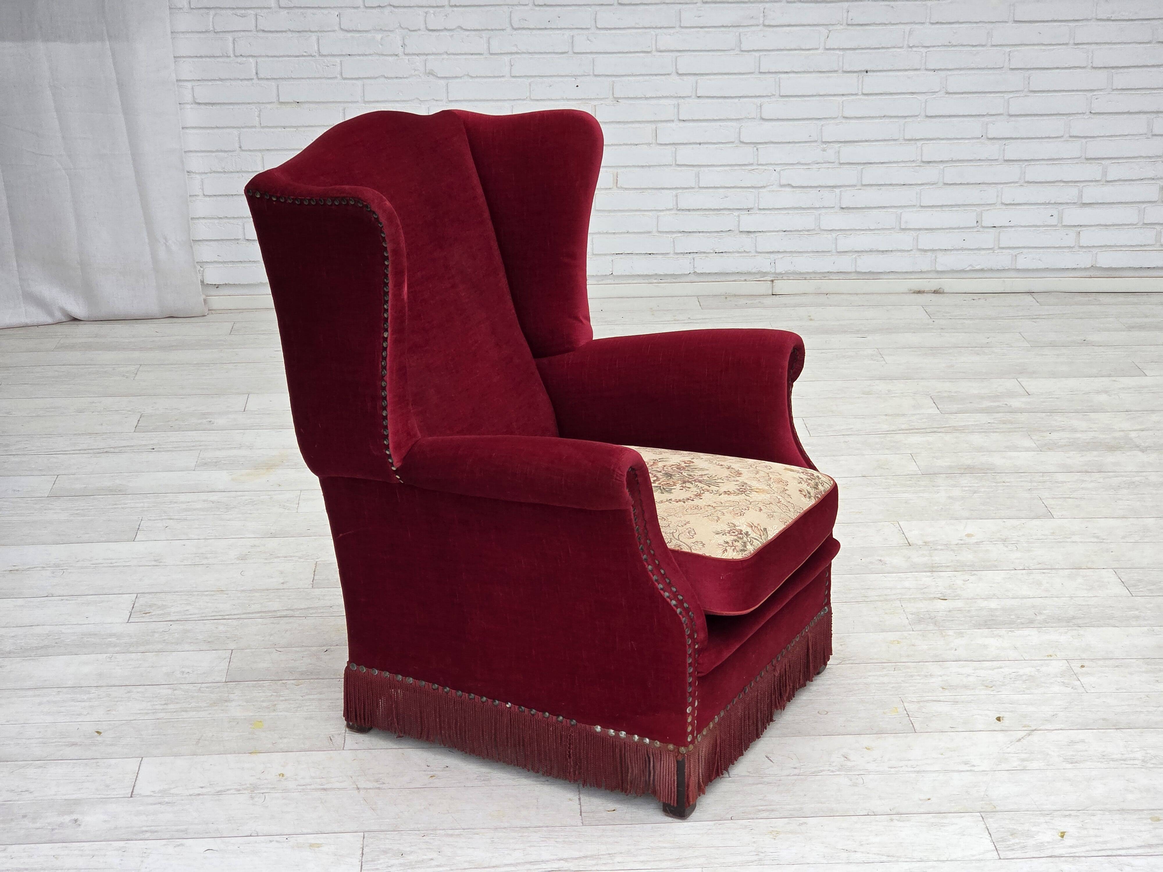1970s, Danish highback armchair, red furniture velour, ash wood.