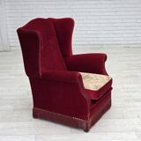 1970s, Danish highback armchair, red furniture velour, ash wood.