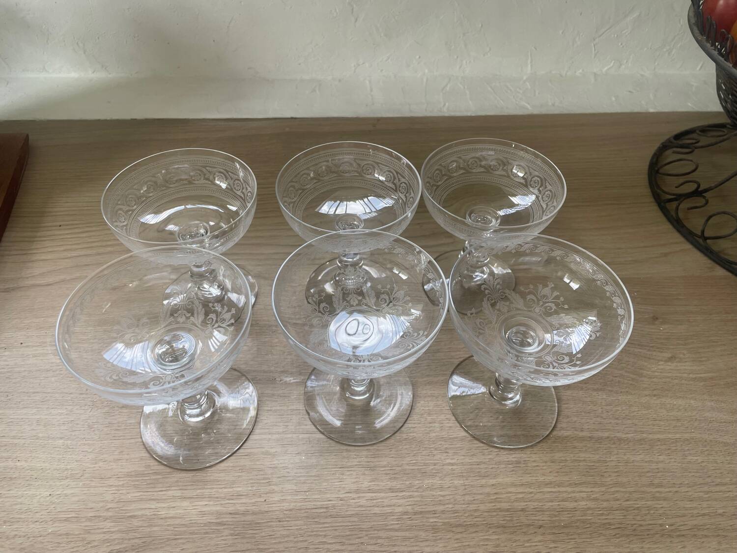 6 Mismatched Engraved Champagne Glasses