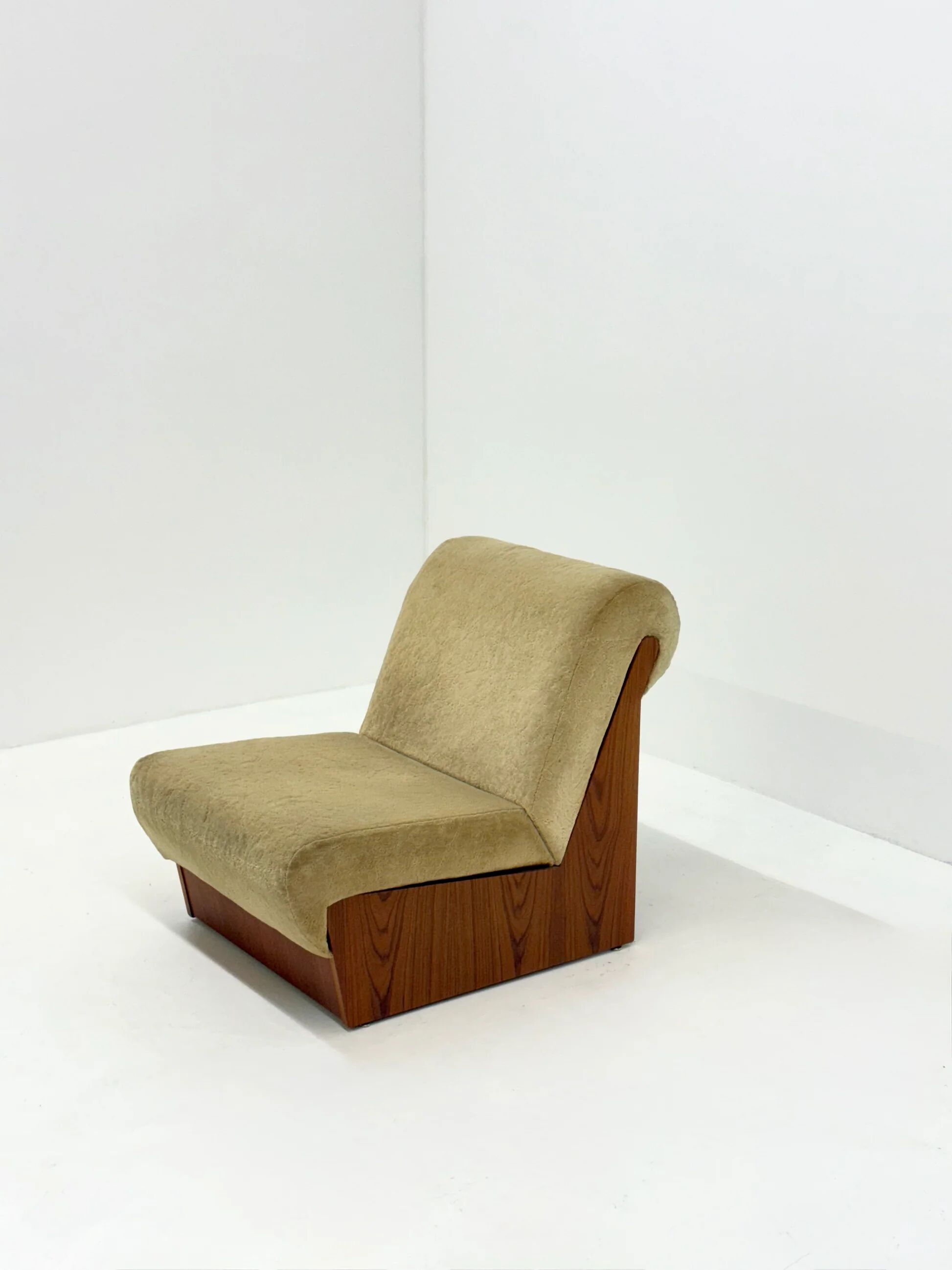 Vintage mid-century beige armchair with wooden frame and ottoman