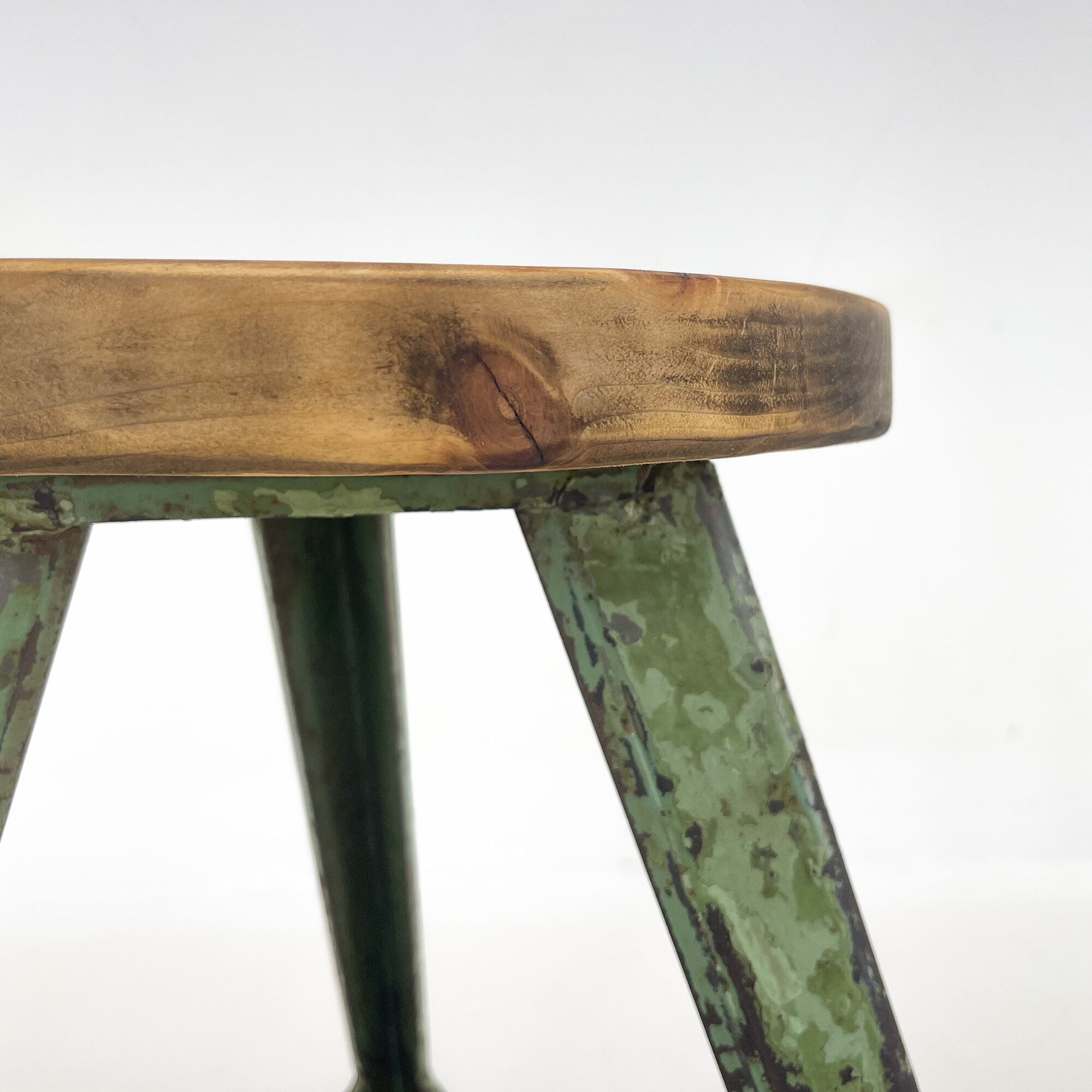 Vintage Industrial Steel & Wood Tripod Stool with Original Patina, 1950's