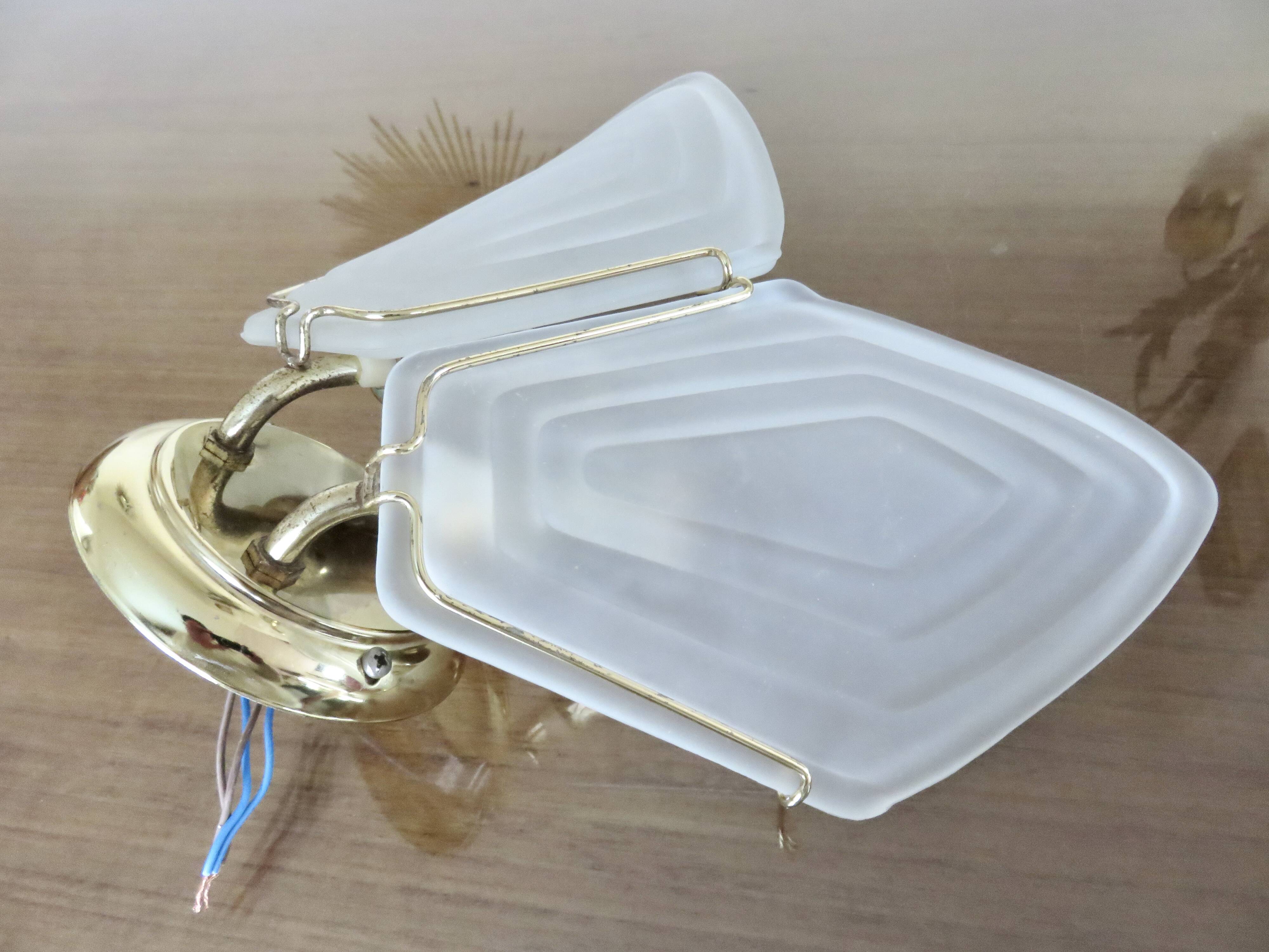 Double wall lamp in frosted glass and gold metal from the 70s