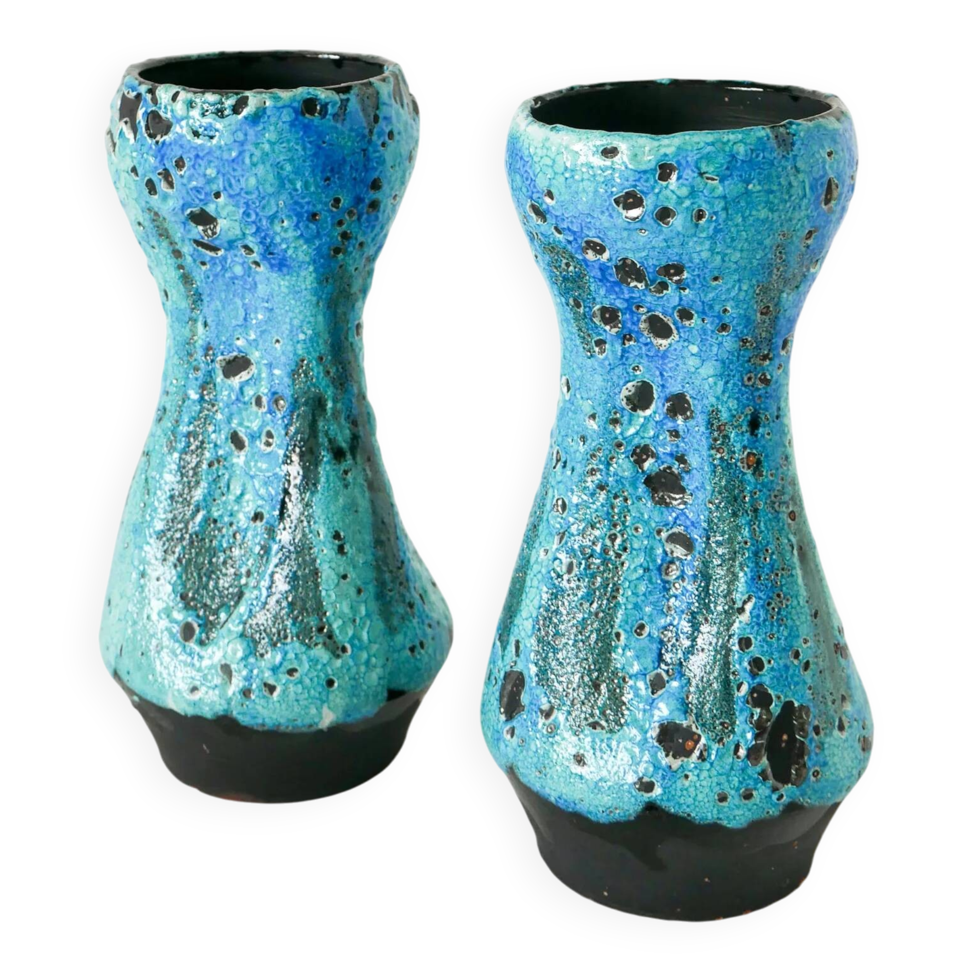 Pair of large Fat Lava vases, sky blue and black, 1970.