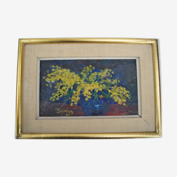 Bouquet de mimosas huile sur panneau signée et datée, cadre vintage Julien Duriez 1900-1993