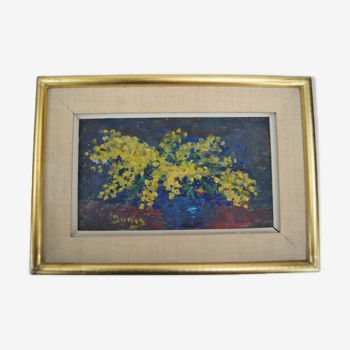 Julien Duriez 1900-1993 Mimosas bouquet Oil on signed and dated panel, vintage frame