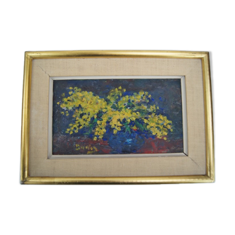Bouquet de mimosas huile sur panneau signée et datée, cadre vintage Julien Duriez 1900-1993