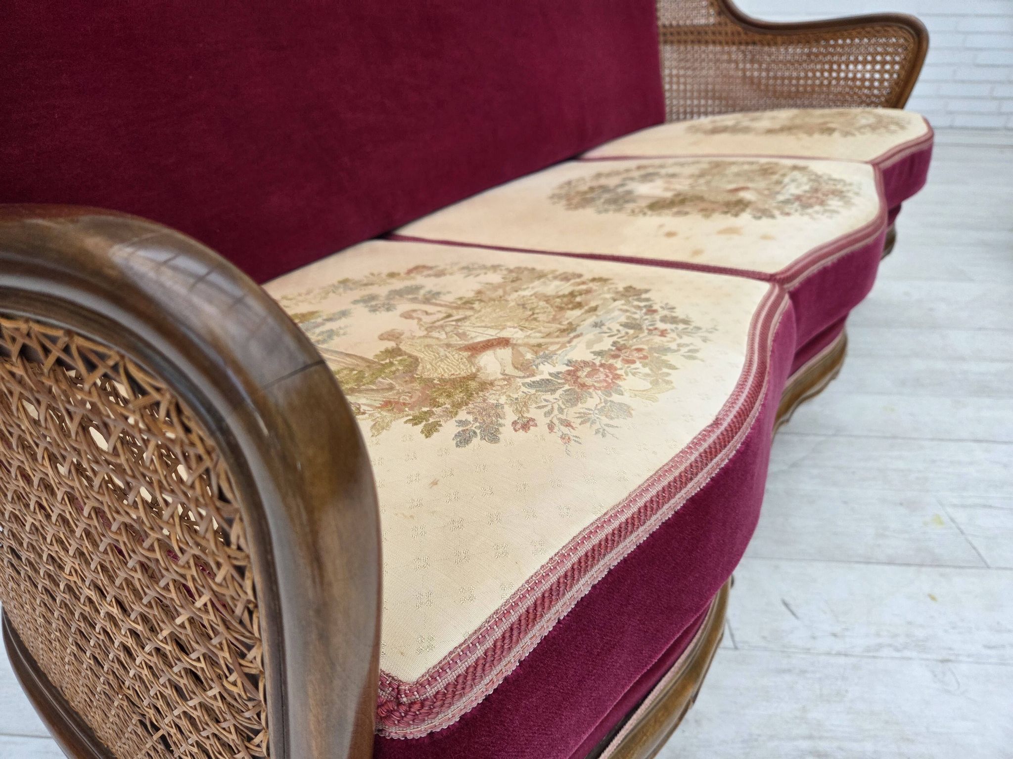 1950s, Danish 3-seater sofa, furniture velour, ash wood, mesh.
