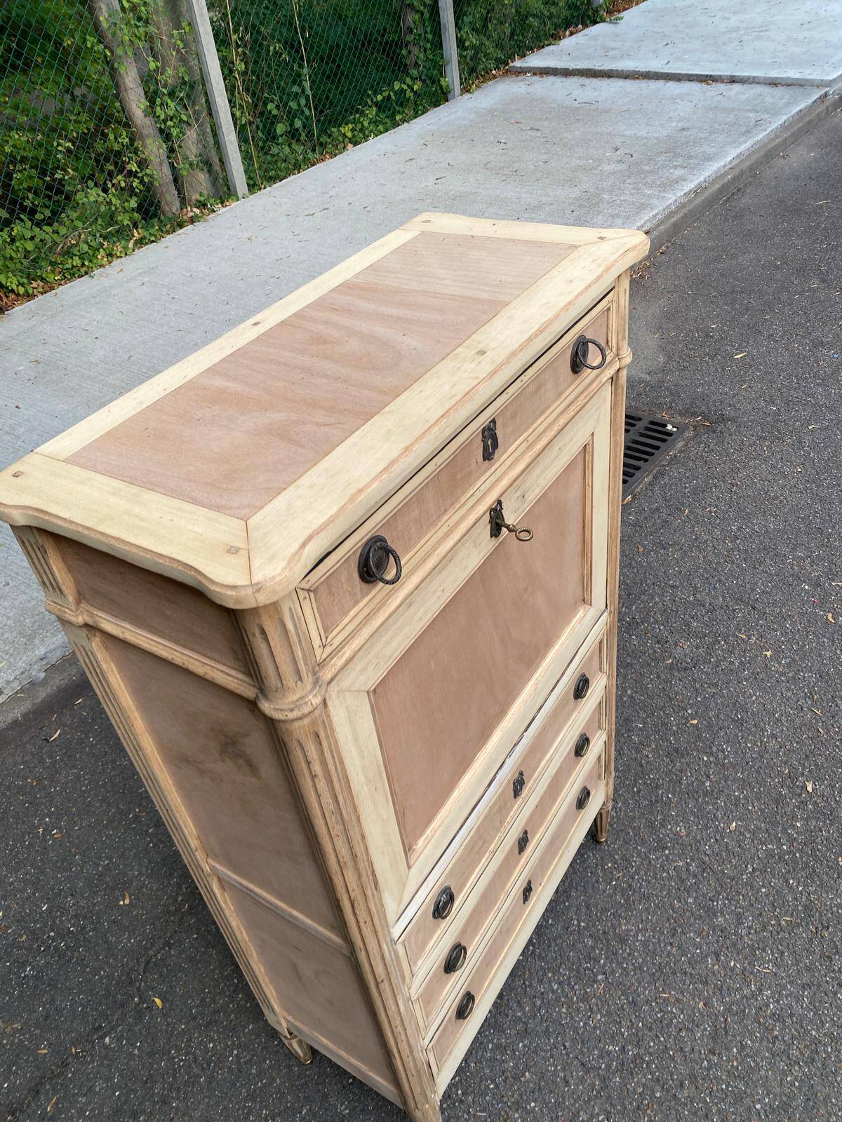 Secretary Louis XVI in stripped solid pine with a drop-down front and red leather, 1950.