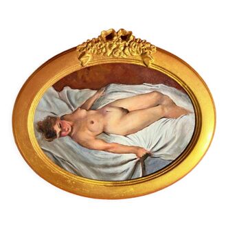 Ancienne peinture, scène de nu féminin avec son cadre doré