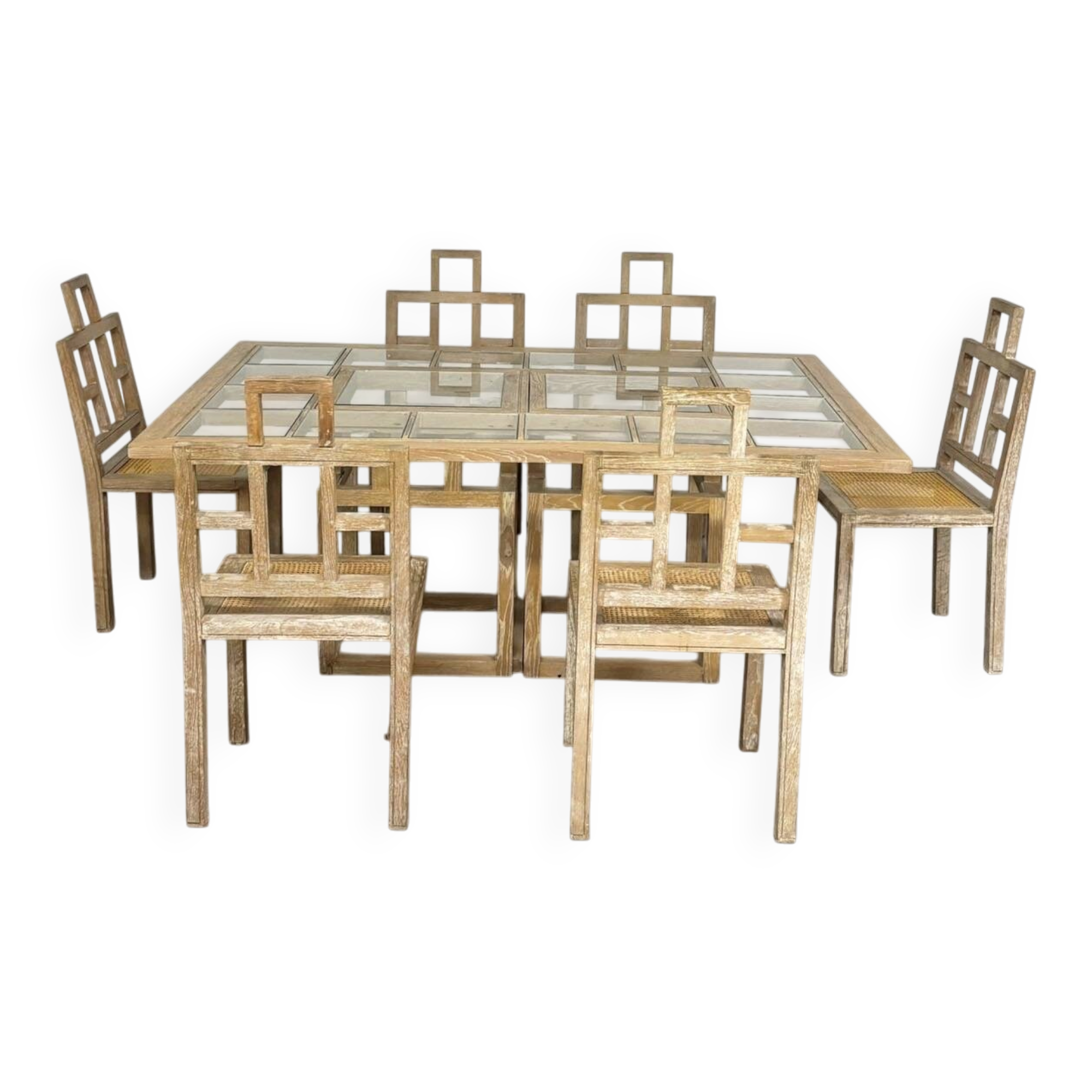 Ensemble 6 chaises et table à manger en chêne cérusé, 1980