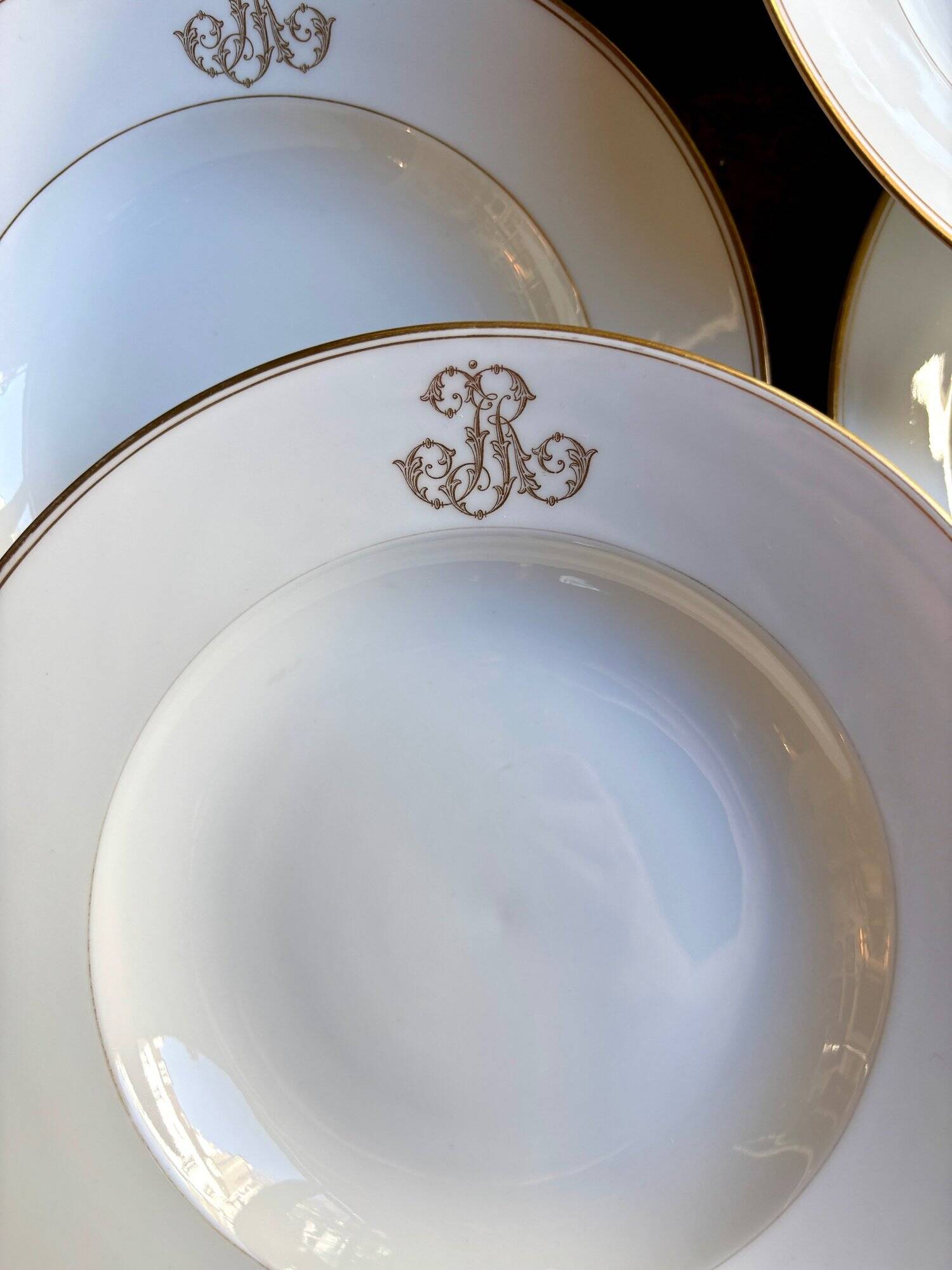 6 monogrammed Paris porcelain soup plates