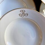 6 monogrammed Paris porcelain soup plates