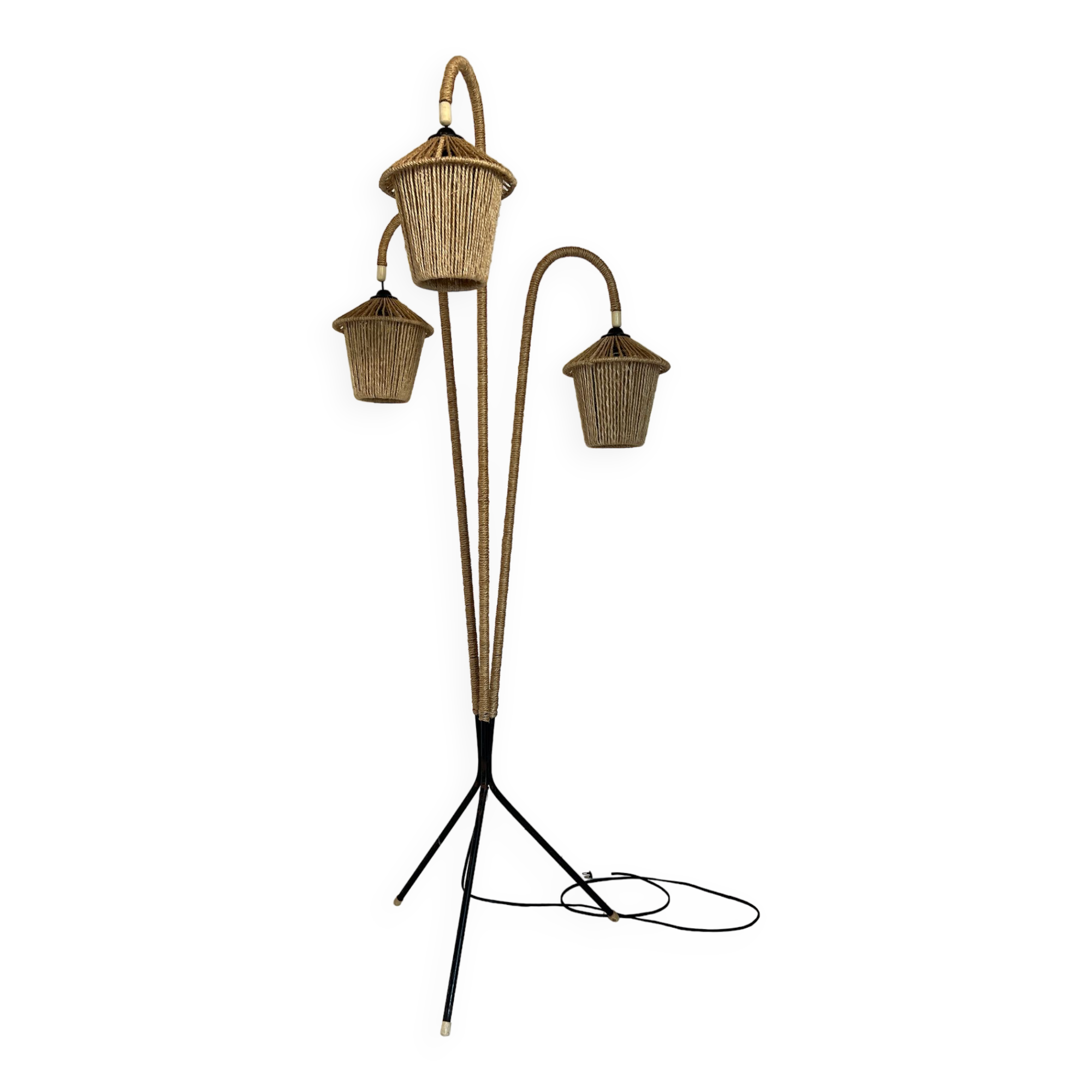 Vintage tripod floor lamp in metal and rope