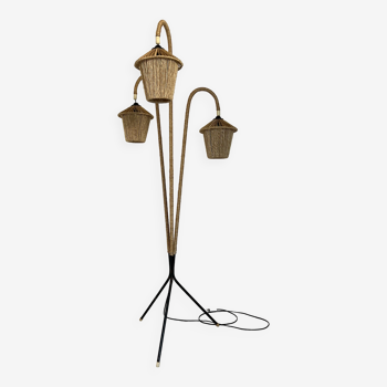 Vintage tripod floor lamp in metal and rope