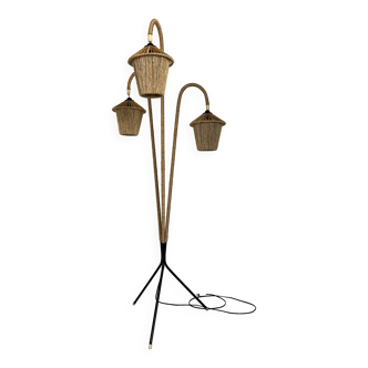 Lampadaire vintage tripode en métal et corde