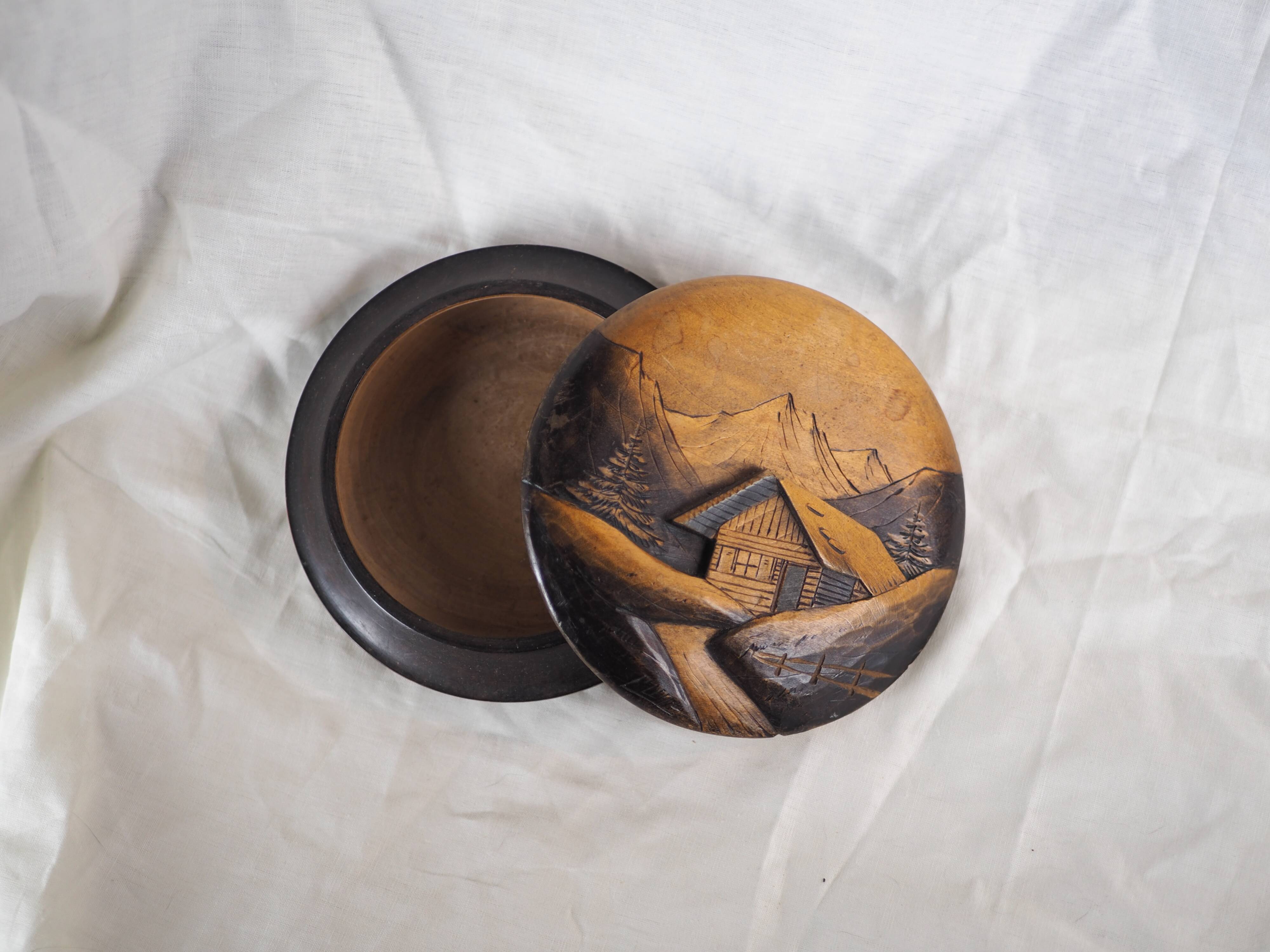 Large blackened wooden box mountain landscape folk art early / mid twentieth