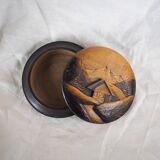 Large blackened wooden box mountain landscape folk art early / mid twentieth