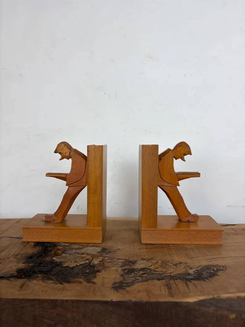 Vintage Mid-Century Cubist German Carved Wood Bookends – Art Deco Style
