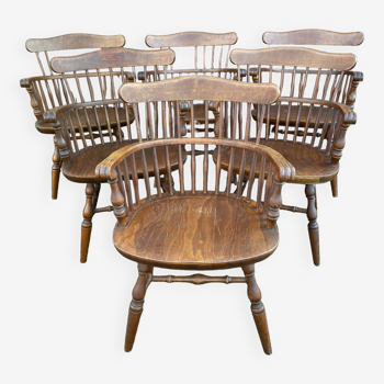 6 Classic English Windsor armchairs Western wooden bistro chairs Hutten style vintage 70s