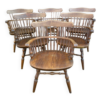 6 Classic English Windsor armchairs Western wooden bistro chairs Hutten style vintage 70s