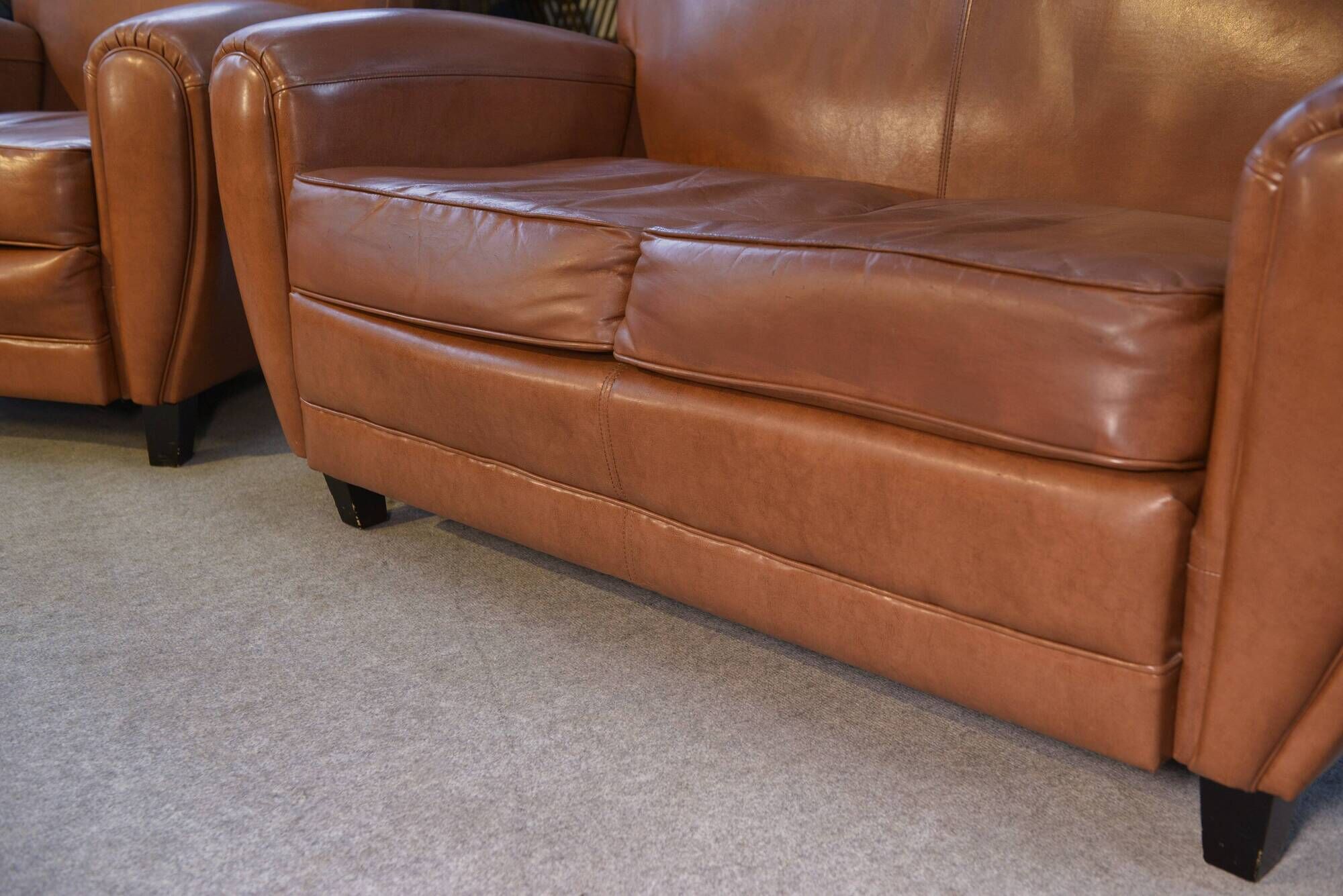 Camel 1980s 2-seater sofa and 2 club armchairs set in faux leather