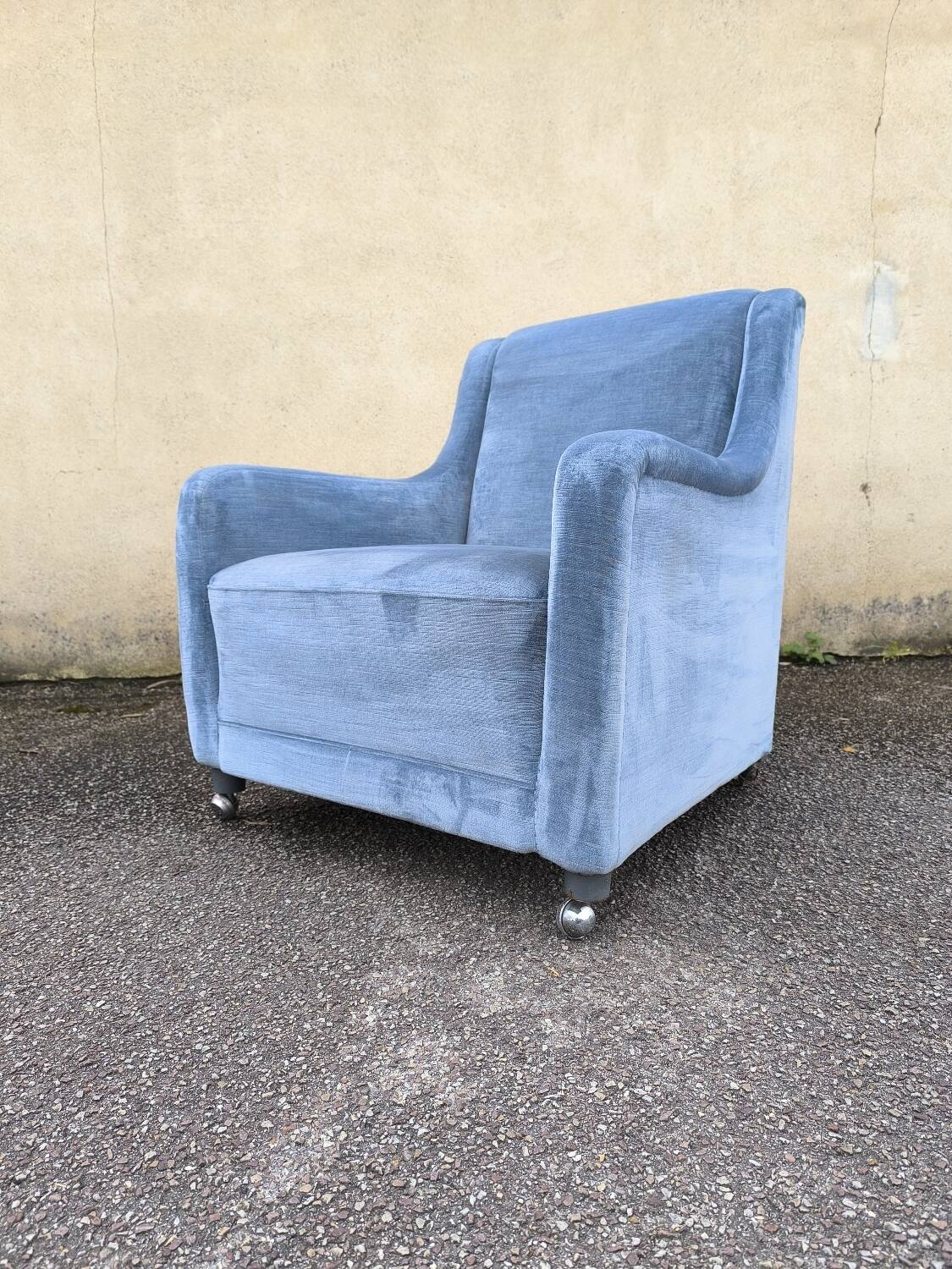 Cocktail armchair in sky blue velvet 1960s