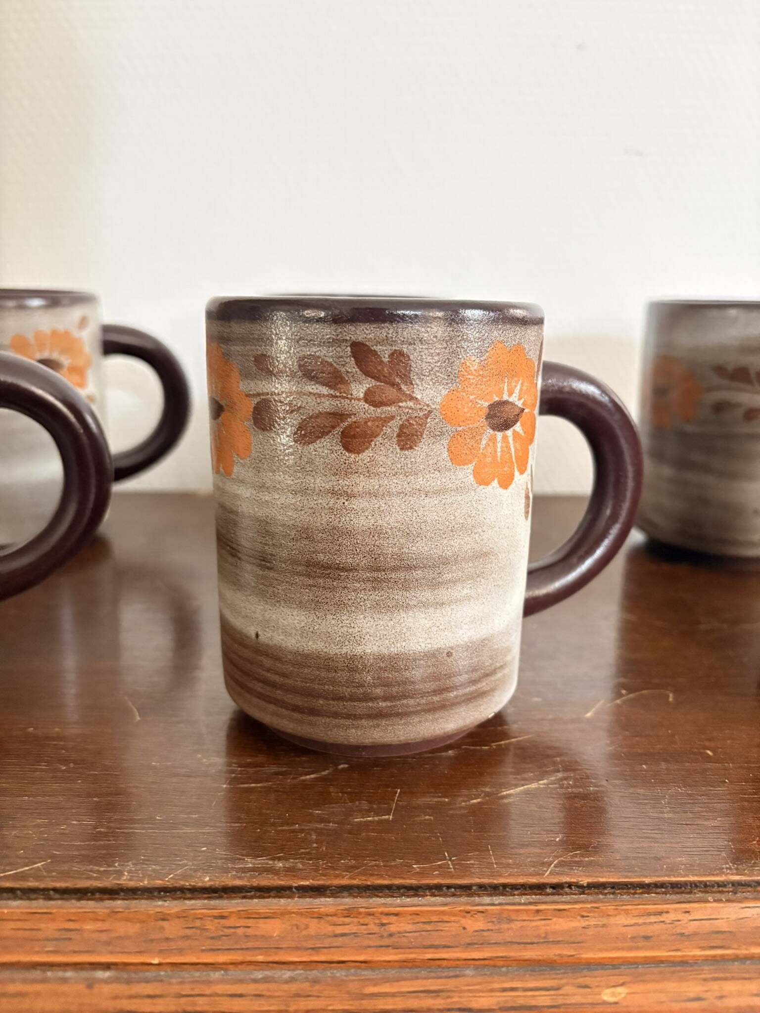 Vintage 6x Cup Ceramic Stoneware Flowers Floral Orange Brown 1970