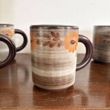Vintage 6x Cup Ceramic Stoneware Flowers Floral Orange Brown 1970