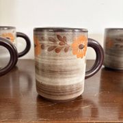Vintage 6x Cup Ceramic Stoneware Flowers Floral Orange Brown 1970