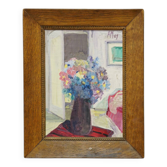 Oil painting by Alexander Michael, still life with a bouquet of flowers, 1969.