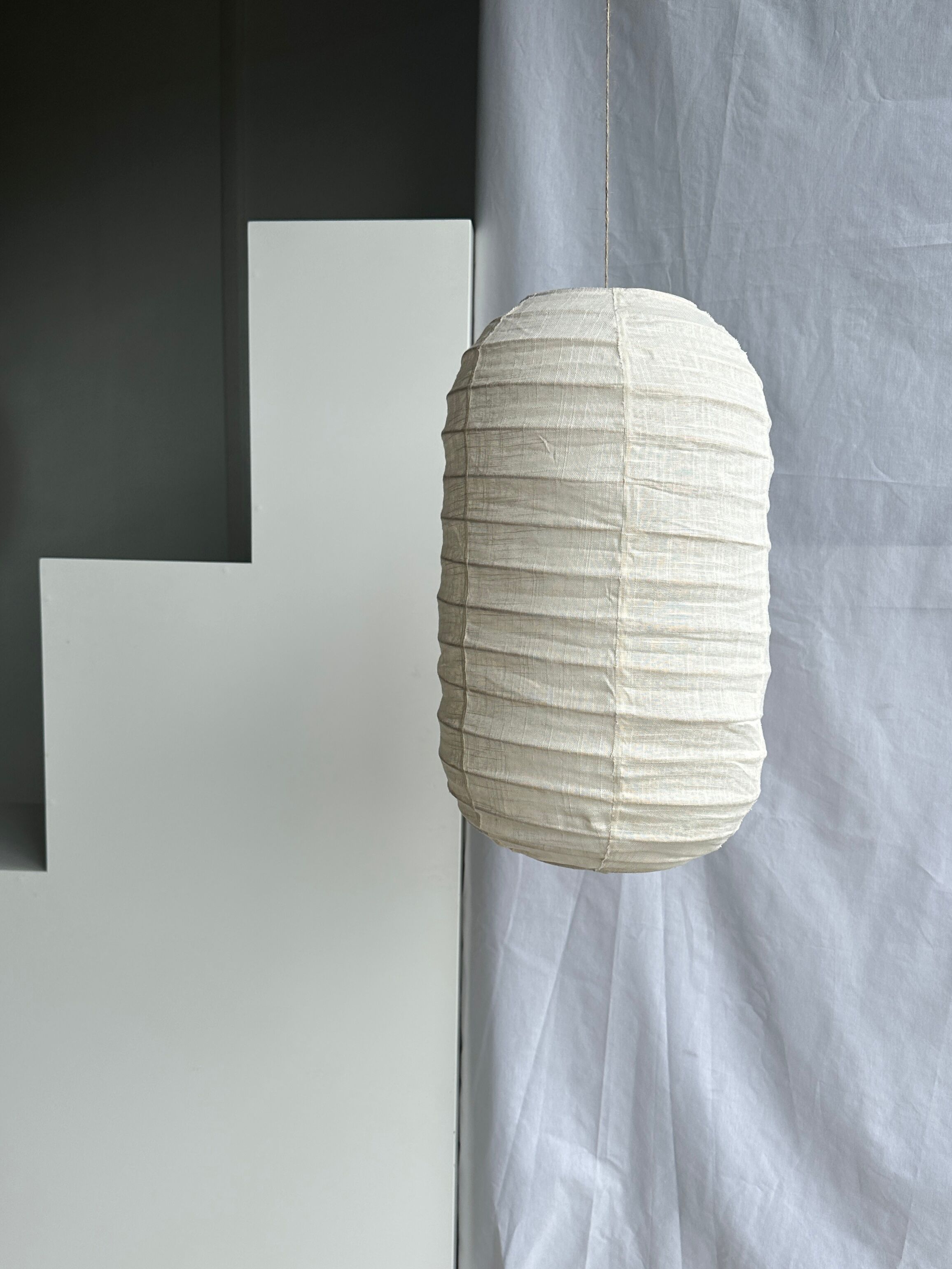 suspension in rattan and Japanese natural linen in the shape of a lantern H50 D30
