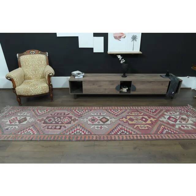 1970s Vintage Turkish Oushak Handmade Wool Cotton Purple Runner Rug 97x385