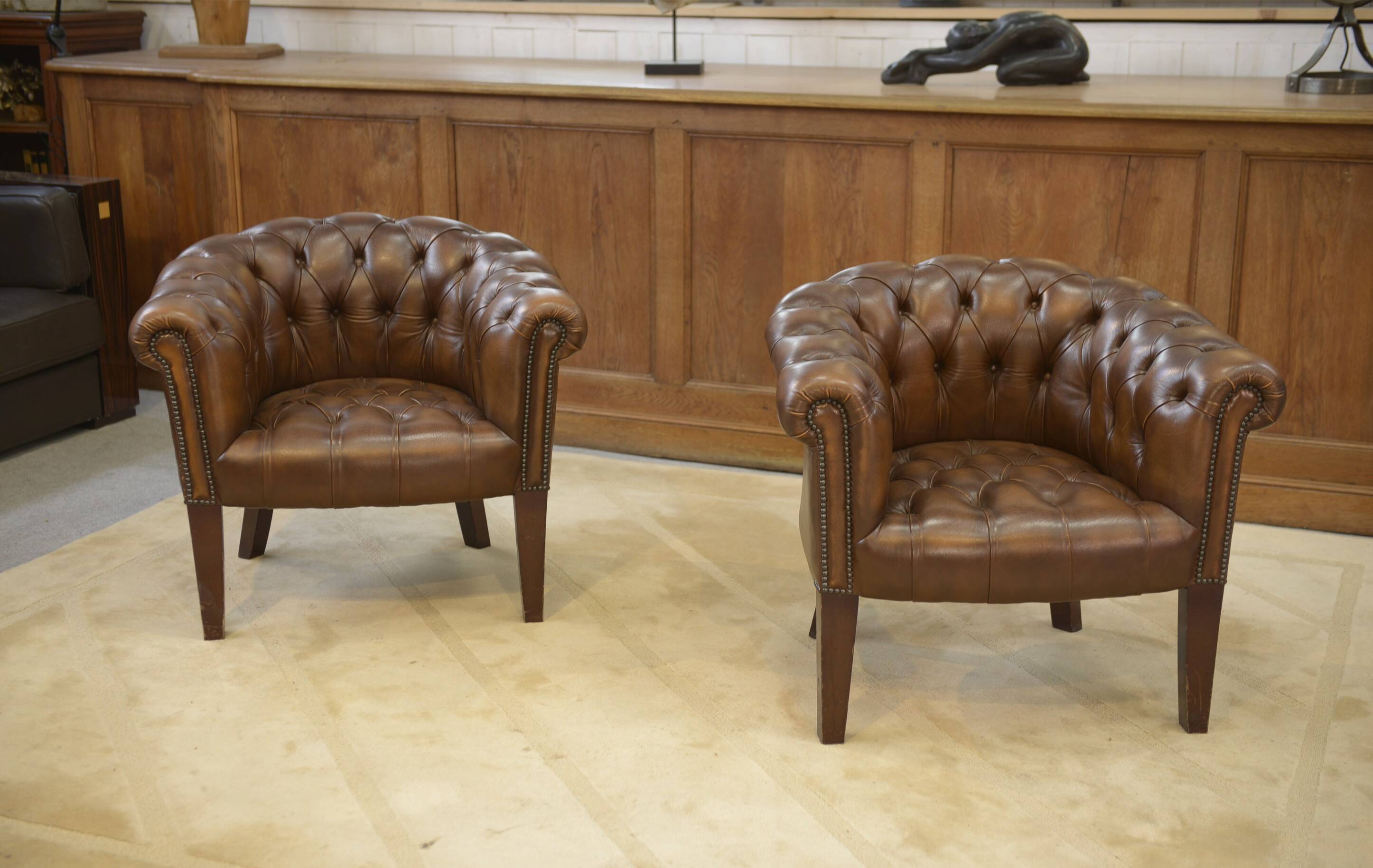 Pair of upholstered leather Club armchairs