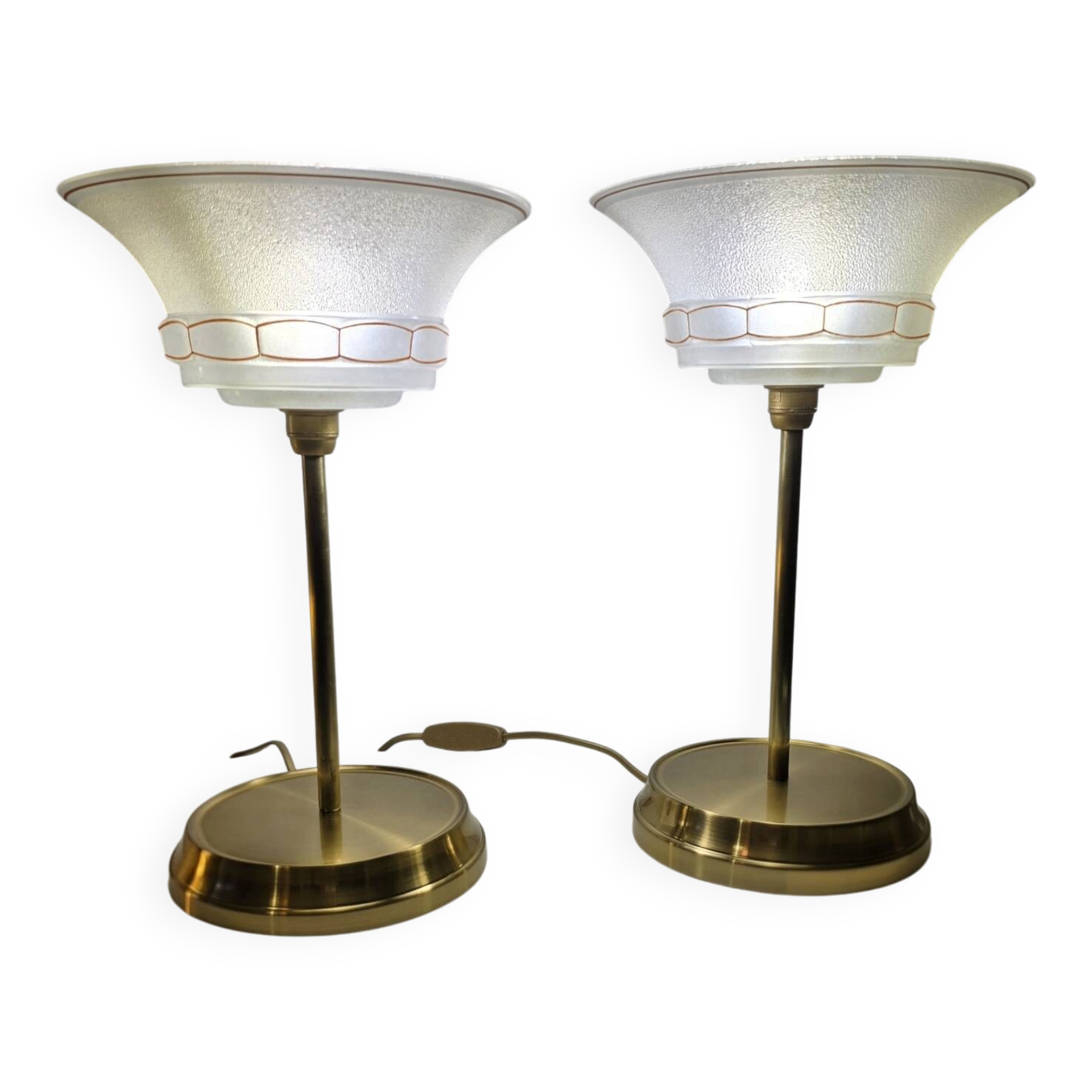 Art Deco table lamps with frosted glass shade and brass base.