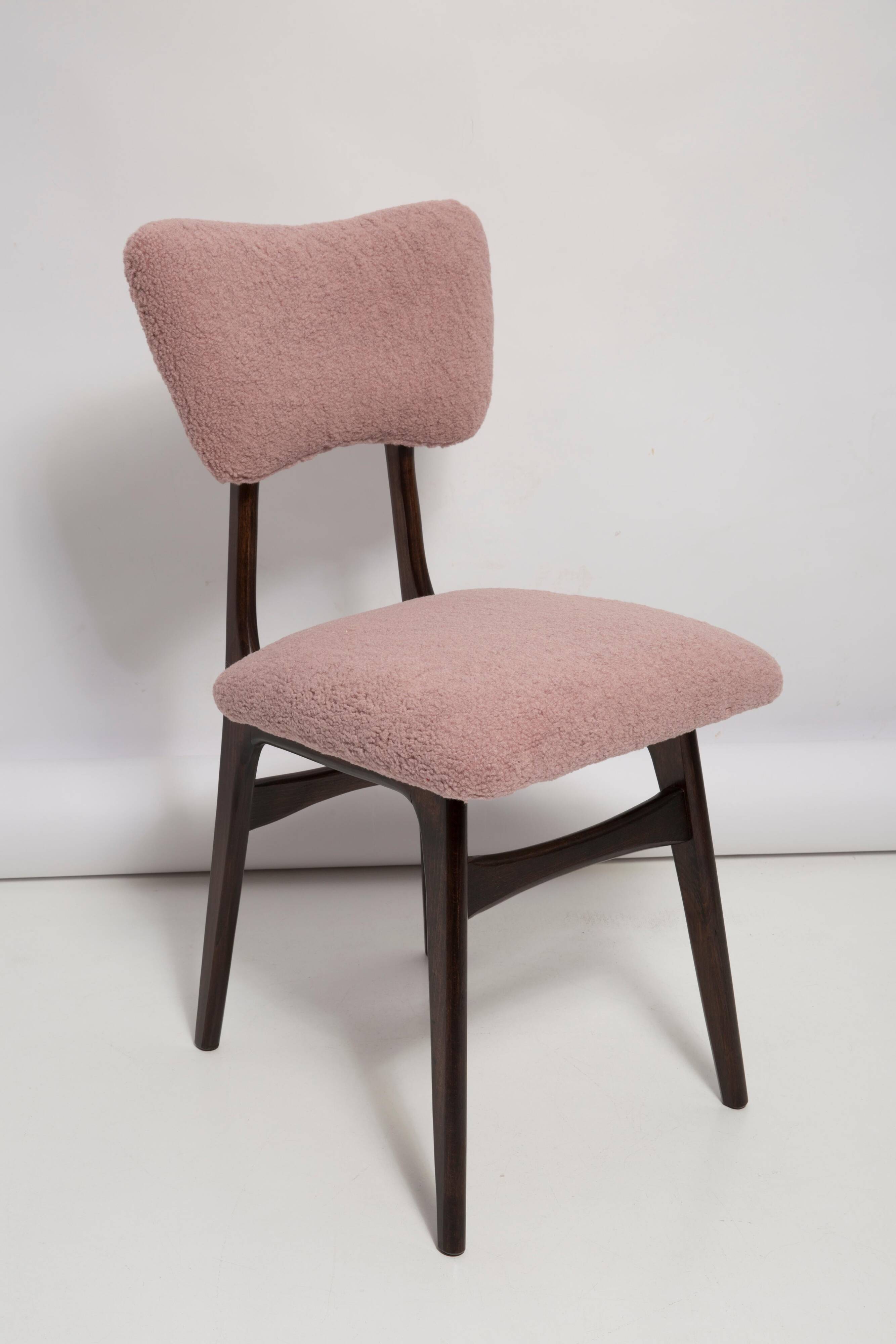 Mid-century "Butterfly" dining chair in pink boucle and walnut beech, Poland, 1960.