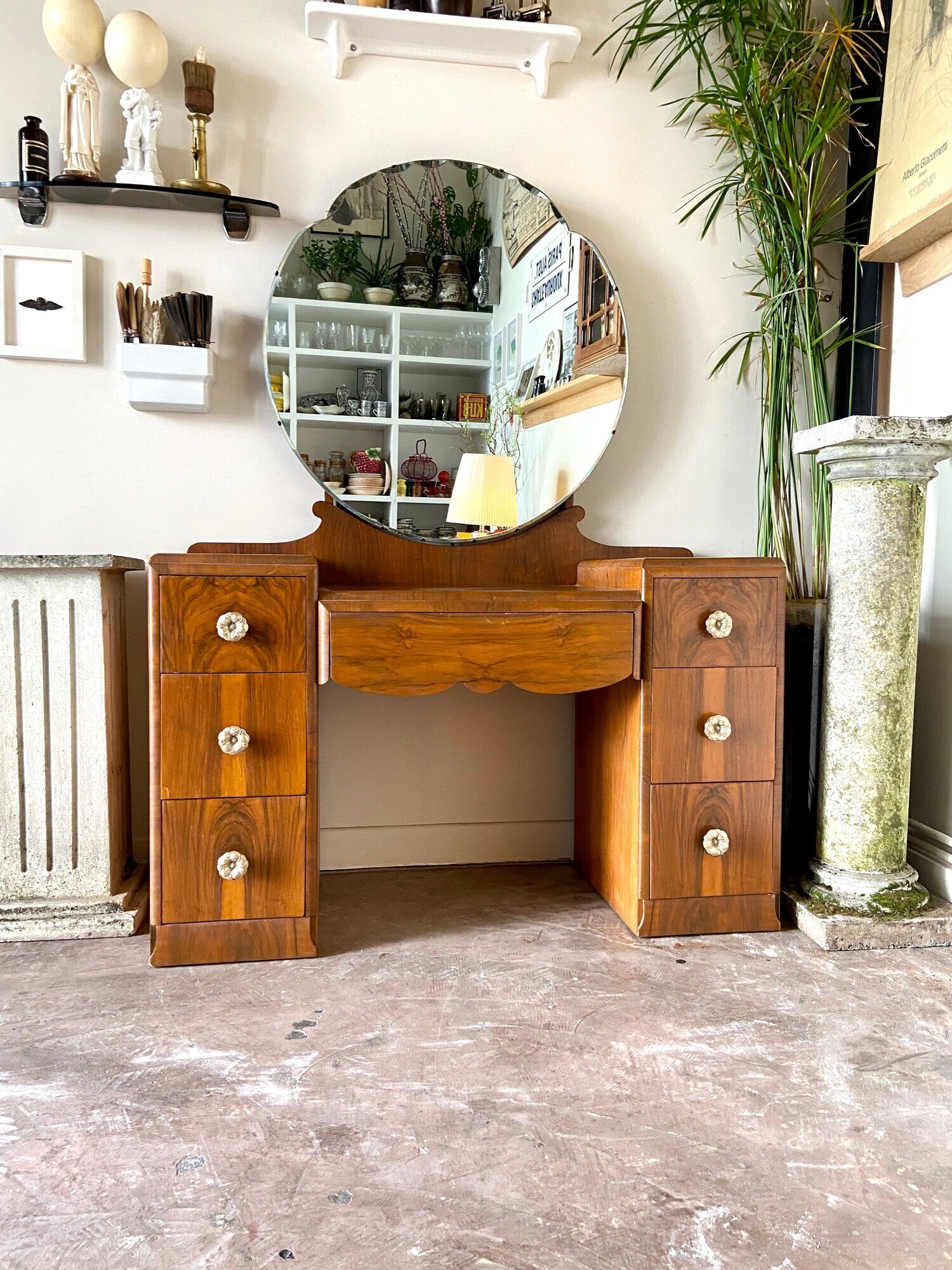 7-drawer wooden dressing table with beveled mirror 1950s