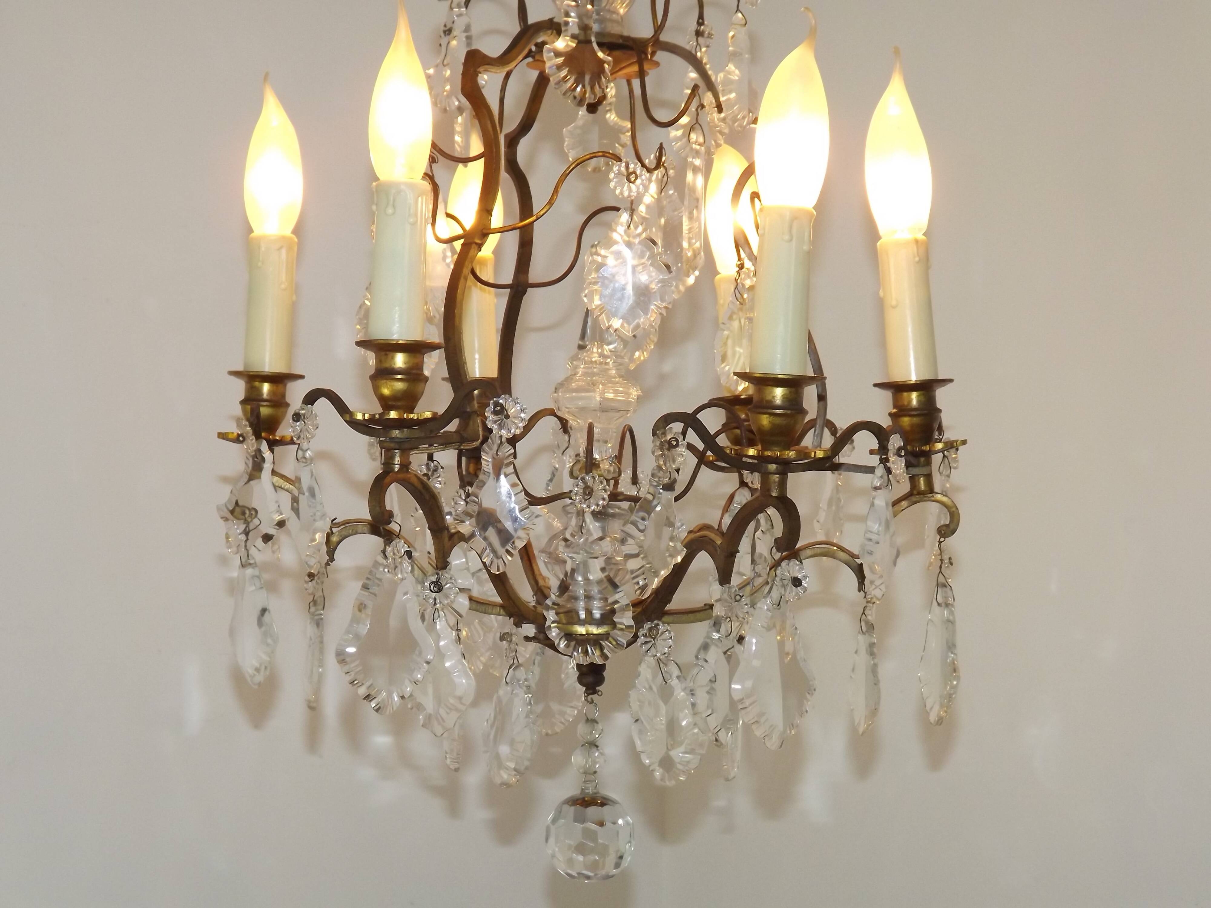 French Bronze and Glass 6 Light Cage Chandelier With Assorted Crystals 5518