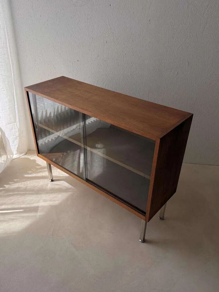 Walnut display cabinet from the 60s with smoked glass