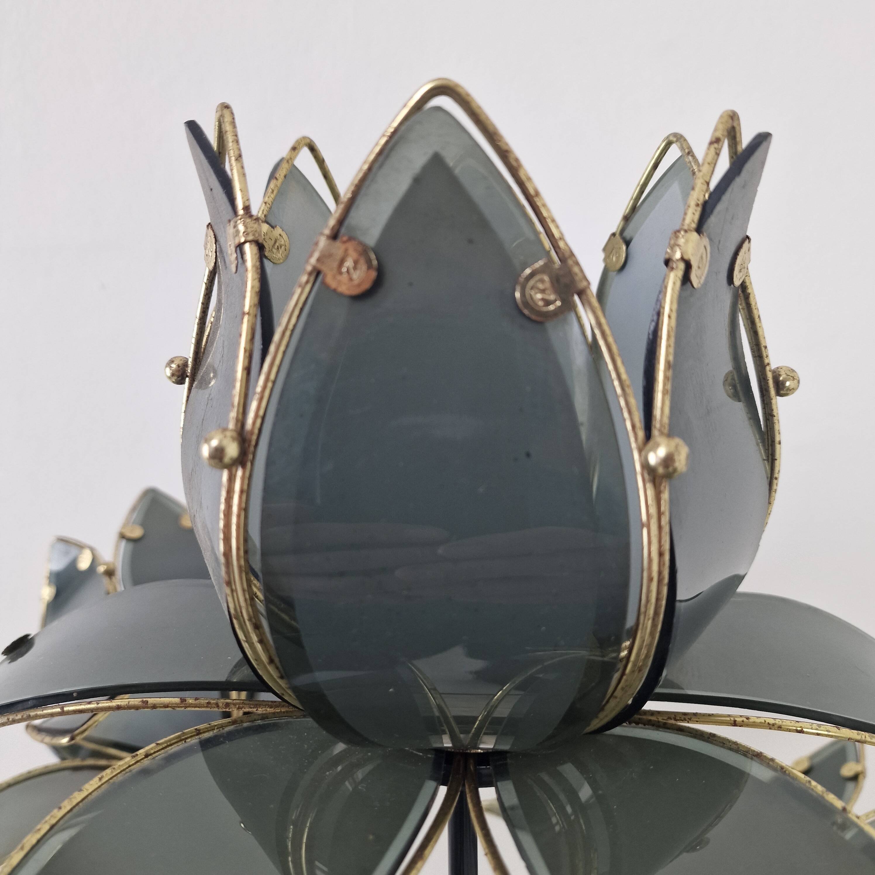 Hollywood Regency 5-Light Lotus Flower Table Lamp in Smoked Glass, 1980's