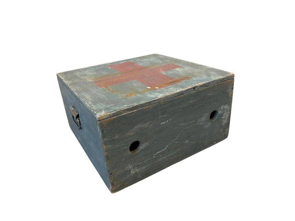 Vintage grey wooden chest with red cross 'first aid'
