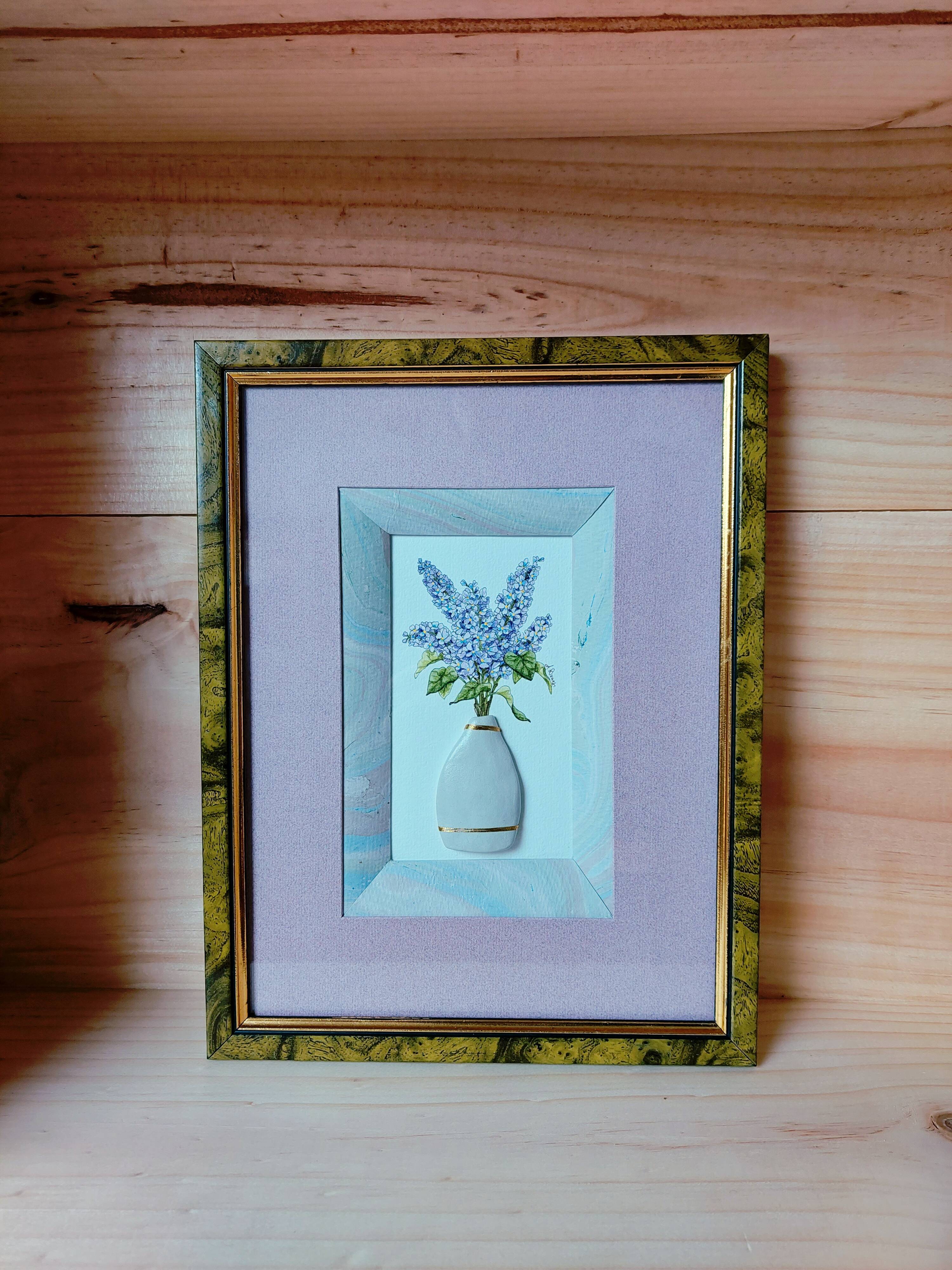 Composition of a watercolor bouquet of lilacs in a handmade clay pot