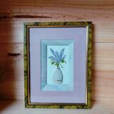 Composition of a watercolor bouquet of lilacs in a handmade clay pot