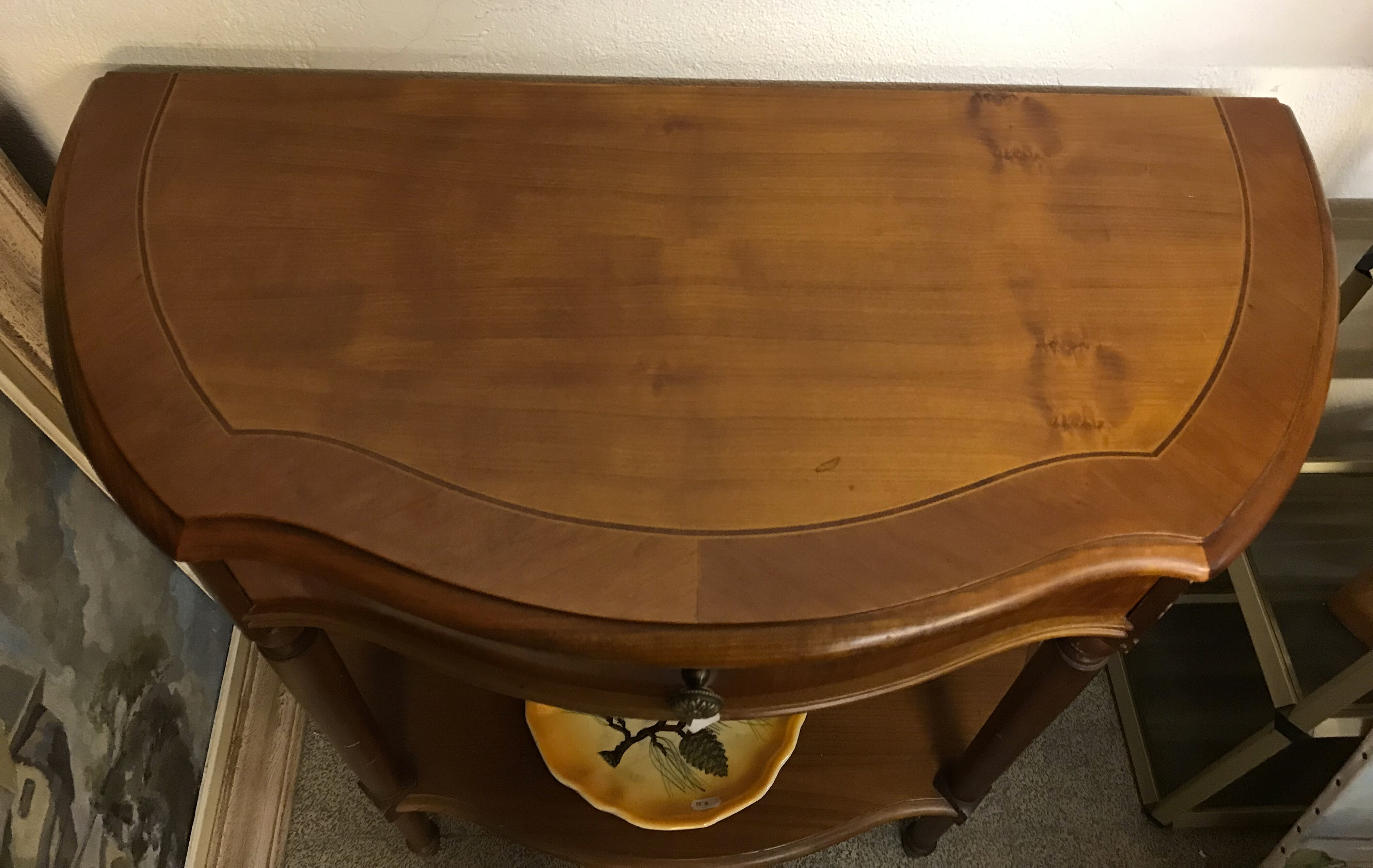 Cherry half-moon console with drawer and bottom shelf