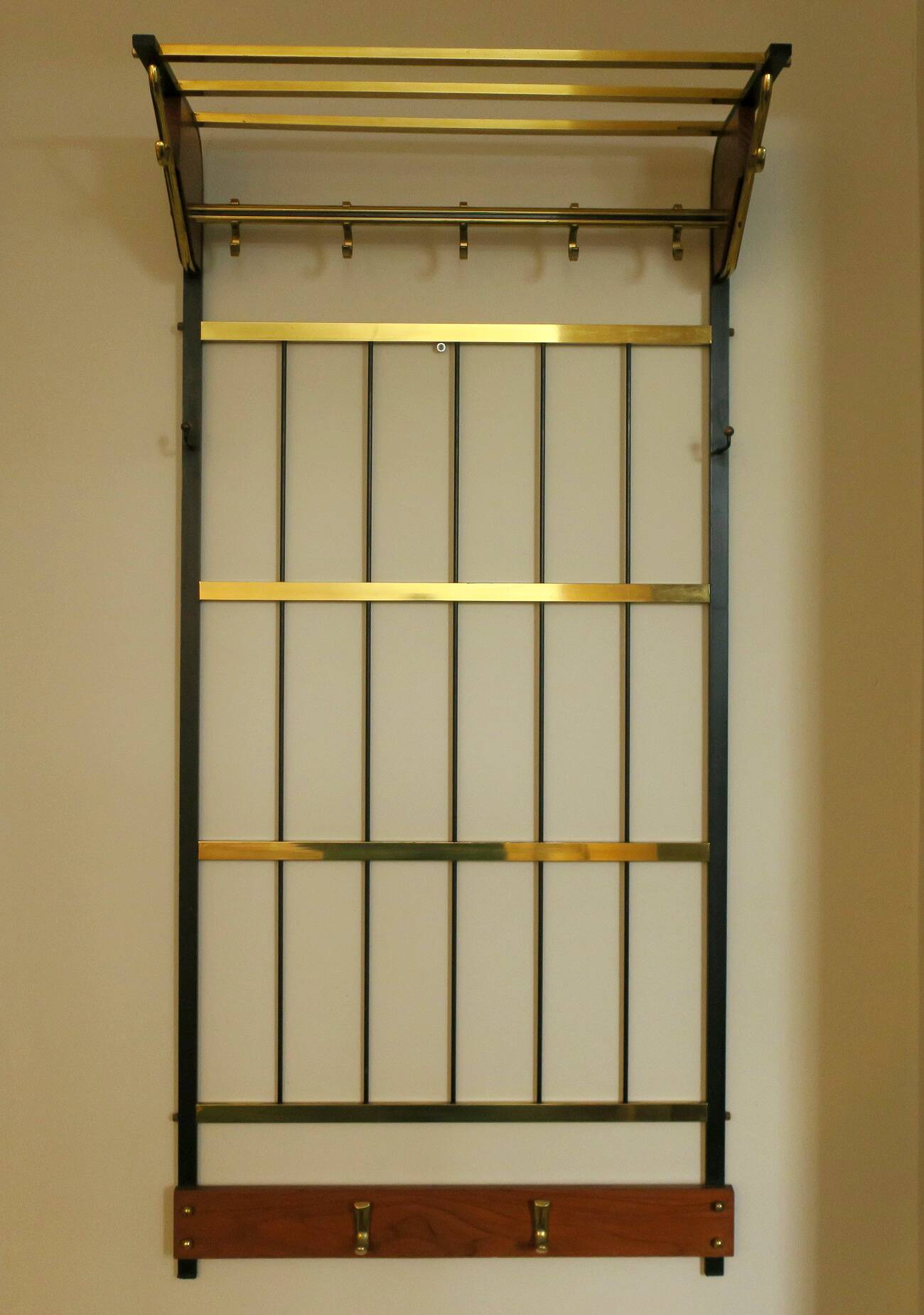 Mid-century brass and teak wall coat rack, 1960s
