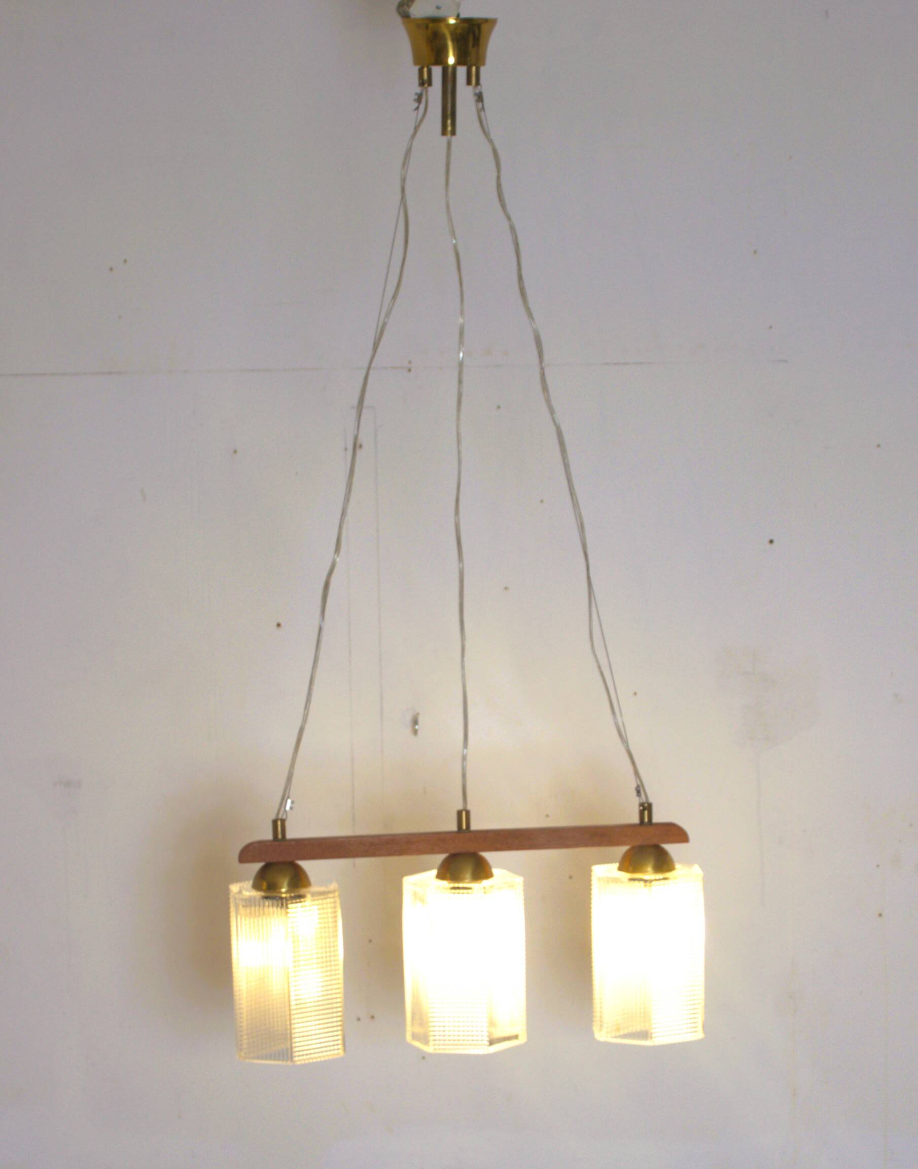 Teak, brass and glass pendant light, Denmark, 1970s