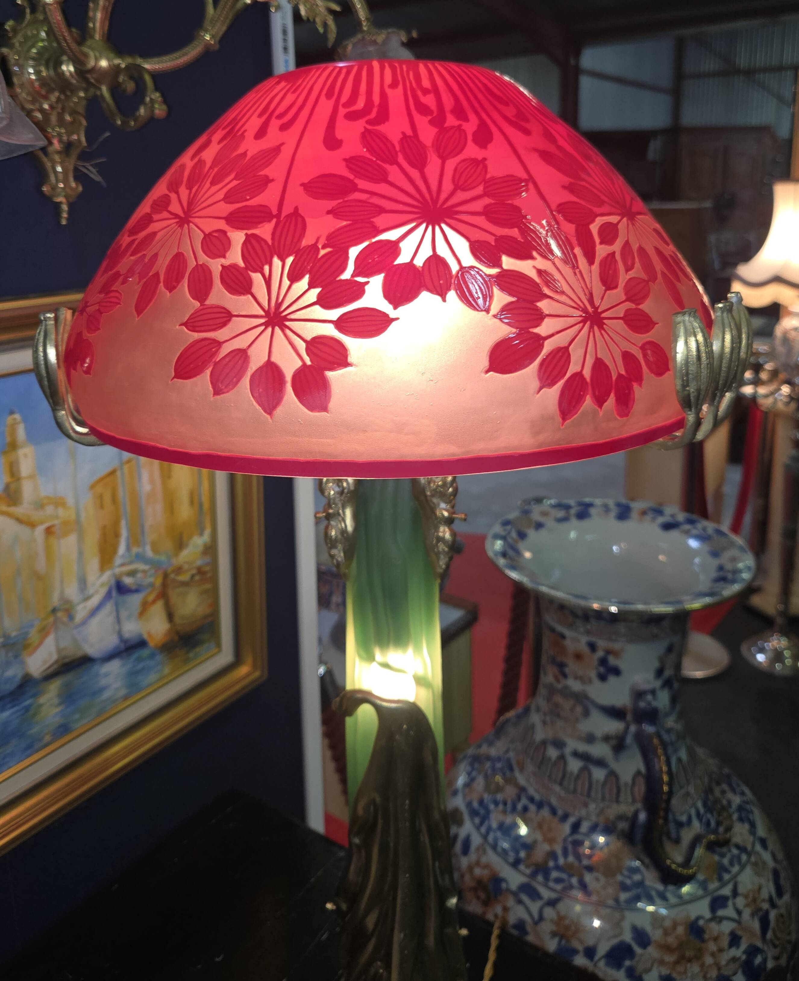 Grande lampe style Art Nouveau – pied en bronze et verre, abat-jour dégagé
